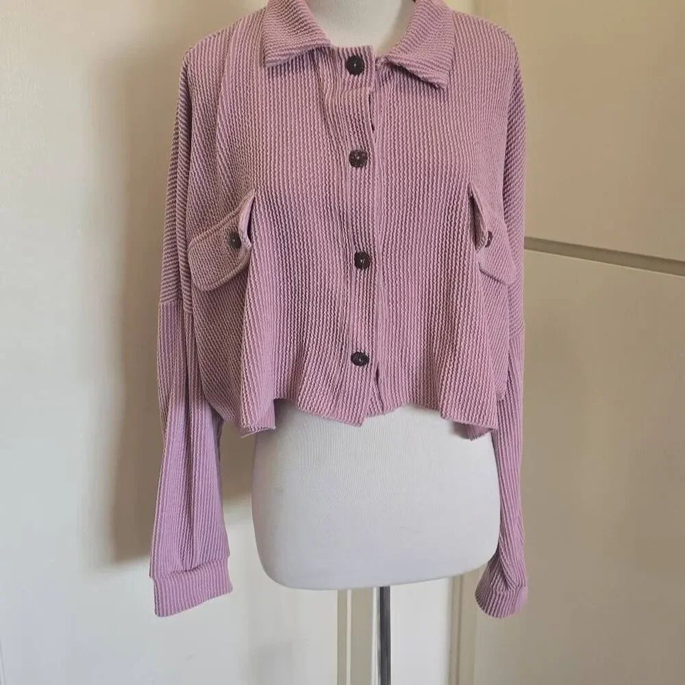 Altar'd State Mauve Cropped Rib Knit Jacket/Top, Button Front, NWOT, Sz. L